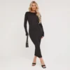 EGO Long Sleeve Seam Detail Midaxi Bodycon Dress In Black Soft Knit