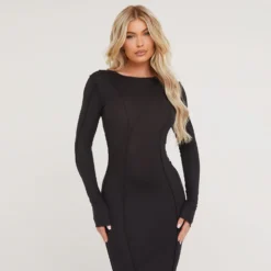 EGO Long Sleeve Seam Detail Midaxi Bodycon Dress In Black Soft Knit -The Perla Dress Sales Store 06 02 23 emily53553 s scaled