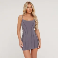 EGO Thin Straps Seam Detail Mini Bodycon Dress In Grey Slinky