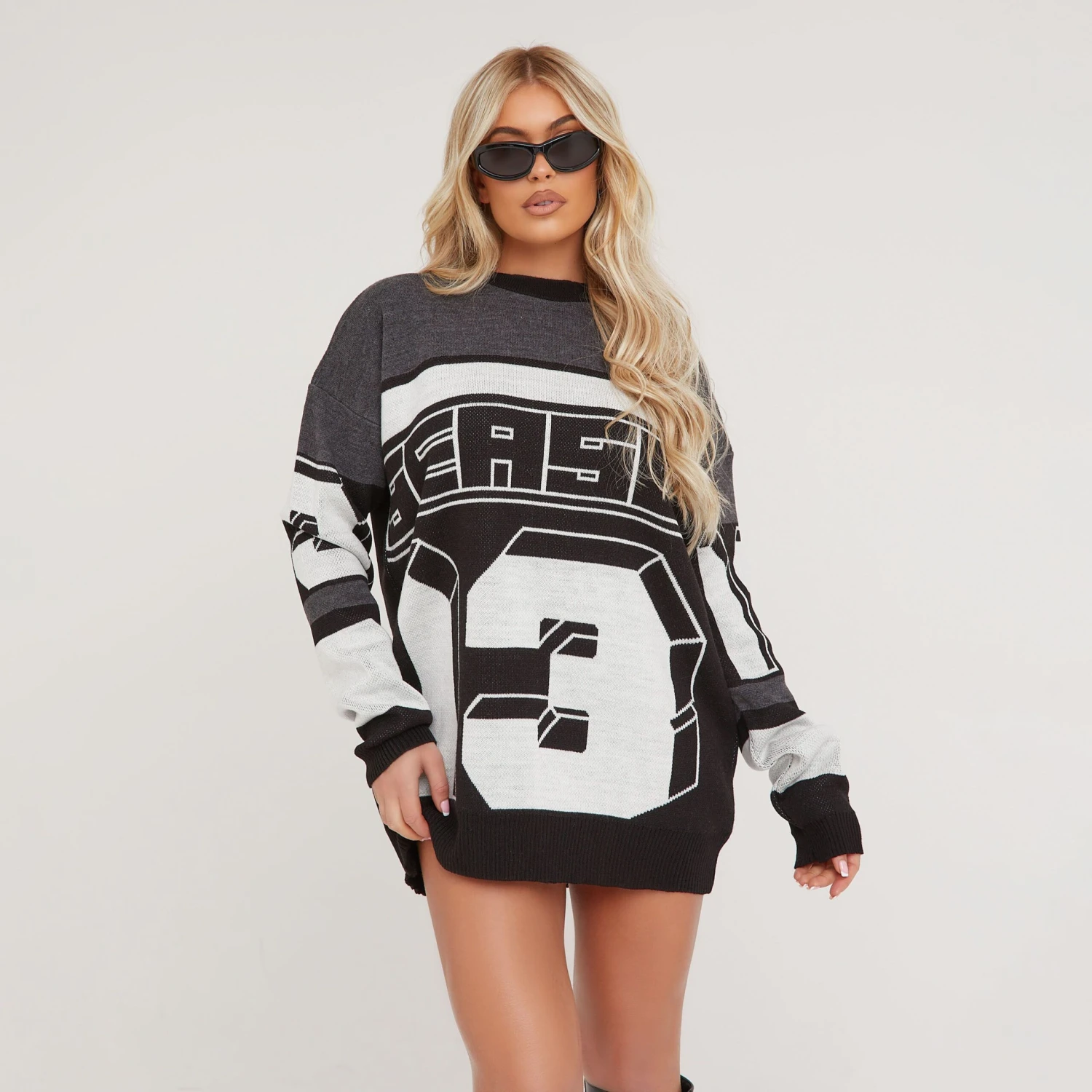 EGO Long Sleeve Motocross Detail Oversized Jumper Dress In Black Multi Knit 3 EGO Long Sleeve Motocross Detail Oversized Jumper Dress In Black Multi Knit