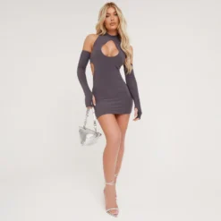 EGO Key Hole Cut Out Mini Bodycon Dress With Sleeves In Charcoal Grey -The Perla Dress Sales Store 06 02 23 emily53780 s scaled