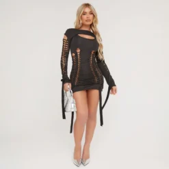 EGO Long Sleeve Ladder Detail Double Layered Mini Bodycon Dress In Black Slinky