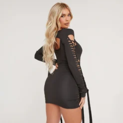 EGO Long Sleeve Ladder Detail Double Layered Mini Bodycon Dress In Black Slinky -The Perla Dress Sales Store 06 02 23 emily54654 s scaled
