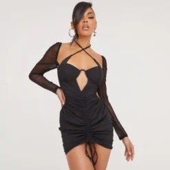 EGO Long Sleeve Cross Strap Ruched Detail Mini Dress In Black -The Perla Dress Sales Store 06 07 23 jul80199 s scaled