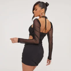 EGO Long Sleeve Cross Strap Ruched Detail Mini Dress In Black -The Perla Dress Sales Store 06 07 23 jul80209 s scaled