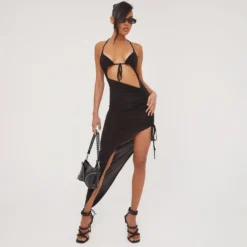 EGO Tie Front Cut Out Ruched Detail Asymmetric Dress In Black Slinky
