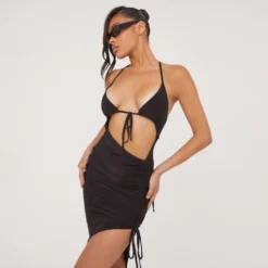 EGO Tie Front Cut Out Ruched Detail Asymmetric Dress In Black Slinky -The Perla Dress Sales Store 06 07 23 jul80722 sq scaled