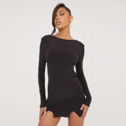 EGO Long Sleeve Open Back Strap Detail Mini Bodycon Dress In Black Slinky -The Perla Dress Sales Store 06 07 23 jul80746 sq scaled