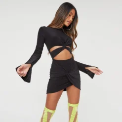 EGO Long Sleeve Cut Out Twist Detail Mini Dress In Black Slinky