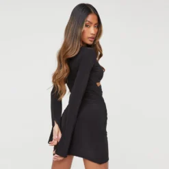 EGO Long Sleeve Cut Out Twist Detail Mini Dress In Black Slinky -The Perla Dress Sales Store 06 12 22 unya32830 sq scaled