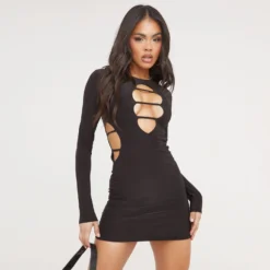 EGO Long Sleeve Cut Out Strap Detail Mini Bodycon Dress In Black Slinky