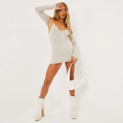EGO V Neck Sleeve Detail Mini Bodycon Dress In Beige Ribbed