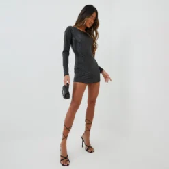 EGO Long Sleeve Open Back Detail Mini Bodycon Dress In Black Croc Print -The Perla Dress Sales Store 08 11 22 unya22225 sq scaled