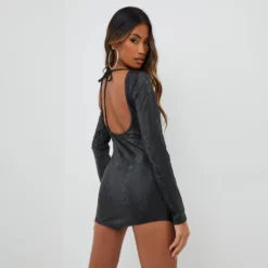EGO Long Sleeve Open Back Detail Mini Bodycon Dress In Black Croc Print