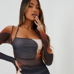 EGO Ruched Detail Halterneck Mini Bodycon Dress With Sleeves In Brown Swirl Ombre Printed Mesh -The Perla Dress Sales Store 08 11 22 unya22970 copy 2 scaled