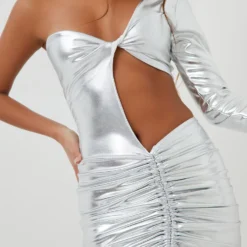 EGO One Sleeve Cut Out Ruched Detail Mini Bodycon Dress In Silver Metallic -The Perla Dress Sales Store 08 11 22 unya23131 copy 2 scaled