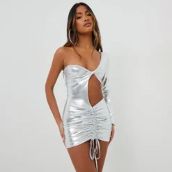 EGO One Sleeve Cut Out Ruched Detail Mini Bodycon Dress In Silver Metallic -The Perla Dress Sales Store 08 11 22 unya23134 copy 2 scaled