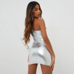 EGO One Sleeve Cut Out Ruched Detail Mini Bodycon Dress In Silver Metallic -The Perla Dress Sales Store 08 11 22 unya23150 copy 2 scaled