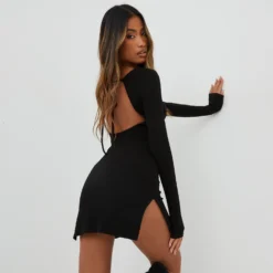 EGO Long Sleeve Tie Back Detail Side Split Mini Dress In Black Ribbed