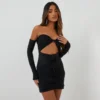 EGO Bandeau Cut Out Frill Detail Mini Bodycon Dress With Sleeves In Black -The Perla Dress Sales Store 08 11 22 unya23409 sq scaled