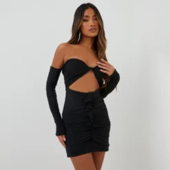 EGO Bandeau Cut Out Frill Detail Mini Bodycon Dress With Sleeves In Black