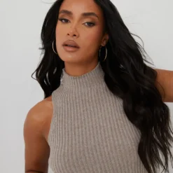 EGO High Neck Mini Bodycon Dress In Marl Brown Knit -The Perla Dress Sales Store 09 03 22 ming8031 scaled