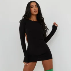 EGO Long Sleeve Backless Thong Detail Mini Bodycon Dress In Black -The Perla Dress Sales Store 09 03 22 ming8379 scaled
