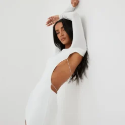EGO Long Sleeve Backless Thong Detail Mini Bodycon Dress In White