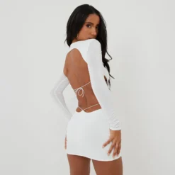 EGO Long Sleeve Backless Thong Detail Mini Bodycon Dress In White -The Perla Dress Sales Store 09 03 22 ming8578 scaled