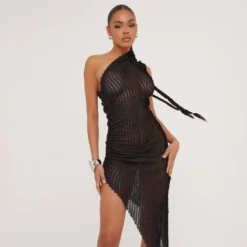 EGO One Shoulder Asymmetric Midi Dress In Black Shirred Knit -The Perla Dress Sales Store 09 05 23 jul96206 s scaled