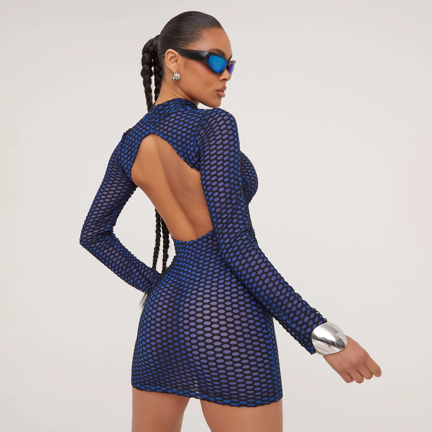 EGO Long Sleeve High Neck Open Back Contrast Mesh Mini Bodycon Dress In Black Fishnet