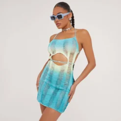 EGO Square Neck Cut Out Detail Open Back Distressed Mini Dress In Blue Ombre Knit