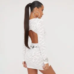 EGO Long Sleeve Open Back Distressed Detail Mini Bodycon Dress In White