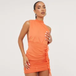 EGO High Neck Sleeveless Ruched Frill Detail Mini Bodycon Dress In Orange Mesh -The Perla Dress Sales Store 11 04 23 ming82500 sq scaled