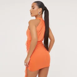 EGO High Neck Sleeveless Ruched Frill Detail Mini Bodycon Dress In Orange Mesh -The Perla Dress Sales Store 11 04 23 ming82510 sq scaled