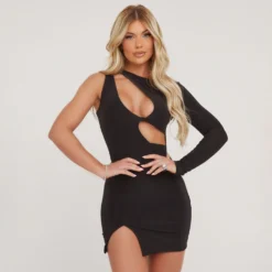 EGO One Sleeve Cut Out Front Mini Bodycon Dress In Black Slinky