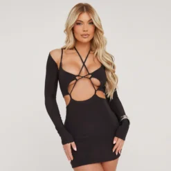 EGO Long Sleeve Strappy Cut Out Detail Mini Bodycon Dress In Black Slinky
