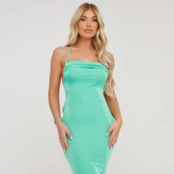 EGO Halterneck Tie Detail Backless Maxi Dress In Green Slinky -The Perla Dress Sales Store 13 04 23 em84542 sq scaled