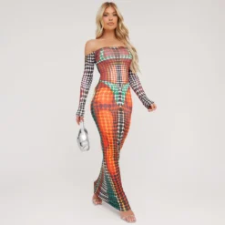 EGO Bardot Long Sleeve Printed Detail Maxi Dress In Muli Slinky