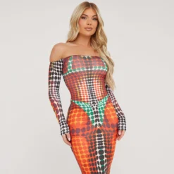 EGO Bardot Long Sleeve Printed Detail Maxi Dress In Muli Slinky -The Perla Dress Sales Store 13 04 23 em84569 sq scaled