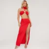 EGO Halterneck Strappy Rose Detail Cut Out Split Leg Maxi Dress In Red Woven