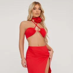 EGO Halterneck Strappy Rose Detail Cut Out Split Leg Maxi Dress In Red Woven -The Perla Dress Sales Store 13 04 23 em84589 sq scaled