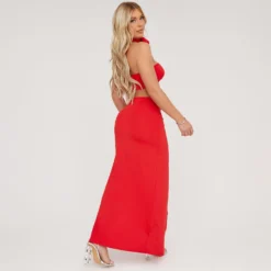 EGO Halterneck Strappy Rose Detail Cut Out Split Leg Maxi Dress In Red Woven -The Perla Dress Sales Store 13 04 23 em84602 sq scaled