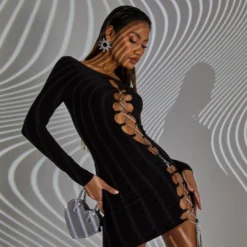 EGO Long Sleeve Extreme Diamante Lace Up Detail Mini Bodycon Dress In Black Slinky