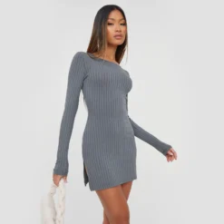 EGO Long Sleeves Tie Back Detail Side Split Mini Dress In Grey -The Perla Dress Sales Store 13 12 22 unya35409 copy scaled
