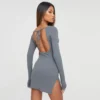 EGO Long Sleeves Tie Back Detail Side Split Mini Dress In Grey -The Perla Dress Sales Store 13 12 22 unya35412 copy scaled