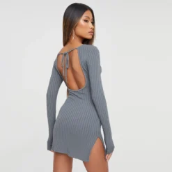 EGO Long Sleeves Tie Back Detail Side Split Mini Dress In Grey