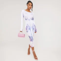 EGO Long Sleeve Open Back Detail Body Print Mini Bodycon Dress In White