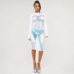 EGO Long Sleeve High Neck Body Print Detail Midi Bodycon Dress In White Multi