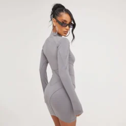 Long Sleeve High Neck 'Ego Studio' Seam Detail Contour Mini Bodycon Dress In Charcoal -The Perla Dress Sales Store 14 03 23 ming67589 sq scaled